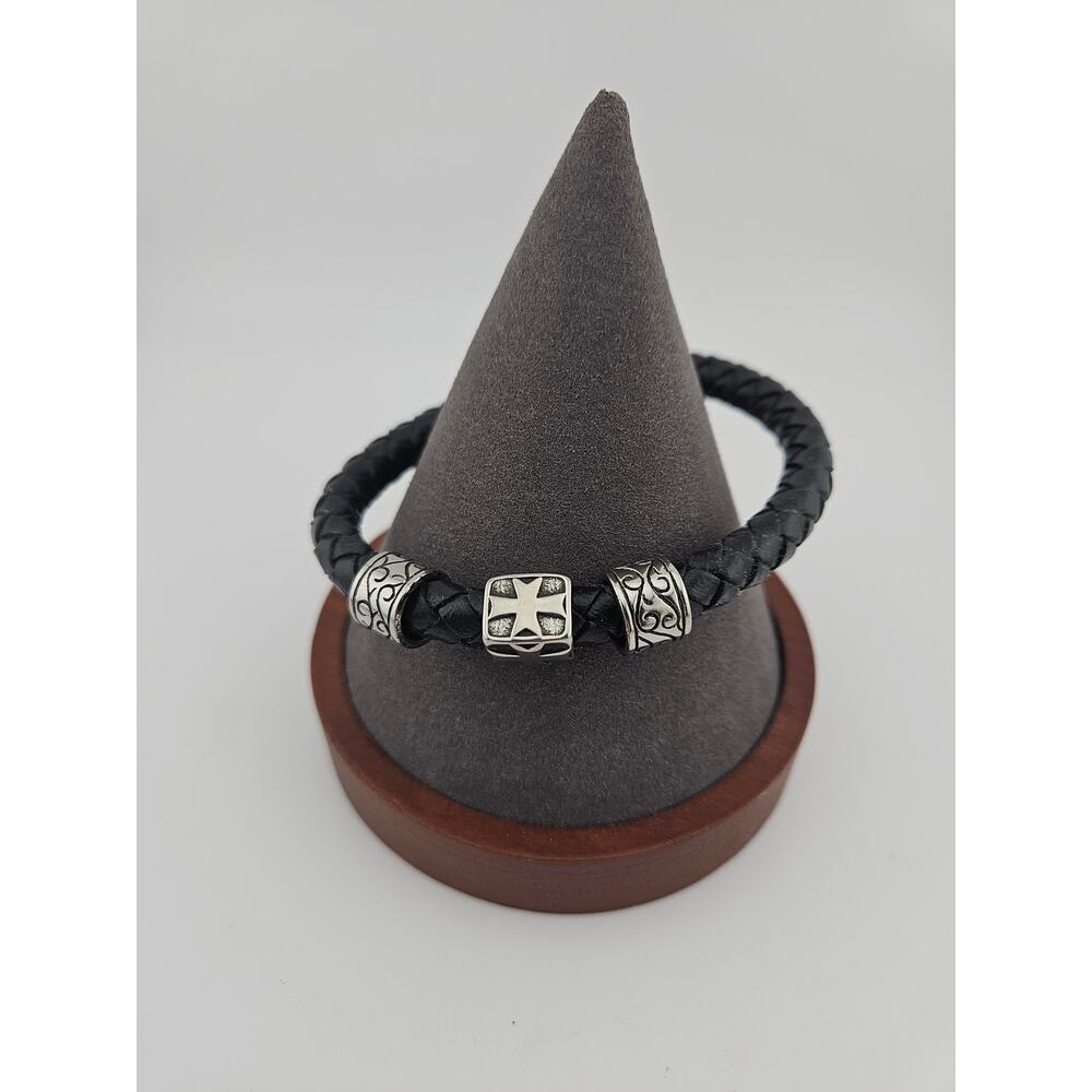 Silver Tone Cross Slide Charm Black Woven Corded Bracelet Casual Everyday Simple - Picture 1 of 3